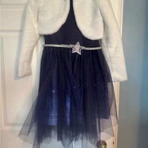 Frozen Elsa - Girls' Sparkle Navy Tulle Dress with White Bolero and Star Belt